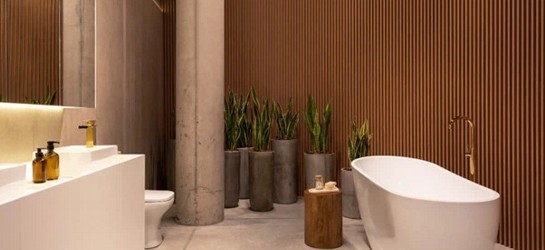Um banheiro bem planejado e moderno, enfatizando a organização e o design elegante.